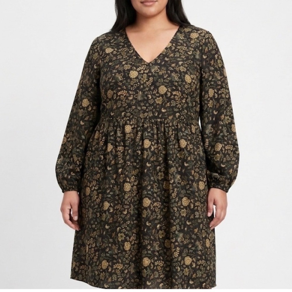 Fall Floral Paisley V-Neck Babydoll Dress Black Gold Plus Size 16 W47016